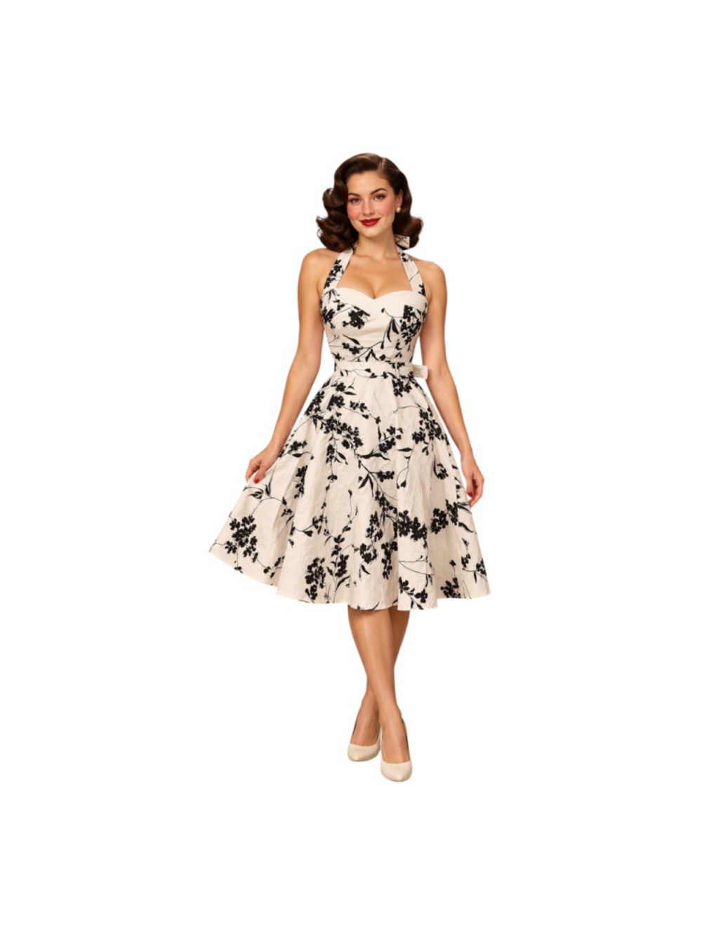 Topdress Black White Floral Halter Swing Dress S Retro 1950s Style